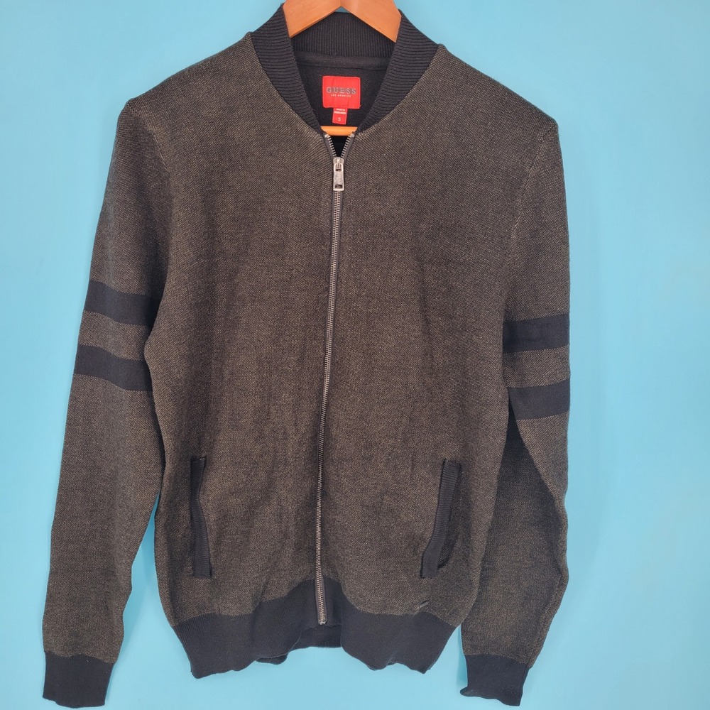 GUESS green Grey Melange Knit Zip Bomber Jacket Cardigan Sweater Vintage Look S